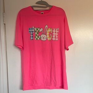 Teacher Easter Bright Pink Graphic Tee with Bunny Design